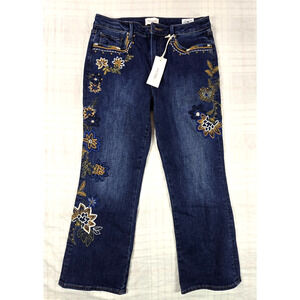Driftwood Roxy Crop Flare Denim Jeans Embroidered Floral Aztec Dark Wash 30 NWT